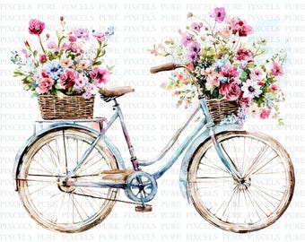 Watercolor Vintage Floral Bicycle Clipart | 5 High Quality JPGs | Digital Download | Shabby Chic | Printable Watercolor Clipart | Wall Art