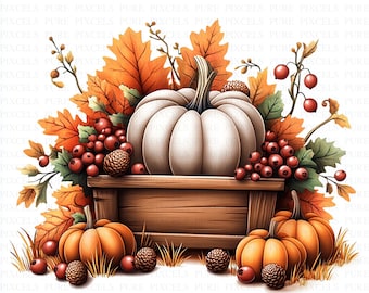 Aquarel herfst clipartbundel | Herfstoogst Clipart | Afbeeldingen pompoenoogst | Afdrukbare JPG-afbeeldingen | Thanksgiving-illustraties