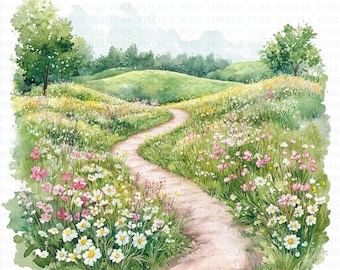 Aquarell Frühling Landschaft Clipart | 5 hochwertige JPGs | Digitaler Download | Papiermodelle | Junk Journals | Sofortdownload | Digitale Kunst