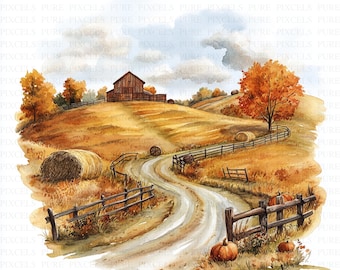 May include: Watercolor painting of a rural autumn scene. A winding dirt road leads past a wooden fence and pumpkins. A barn sits atop a hill with trees in fall colors. Hay bales and a cloudy sky complete the landscape.