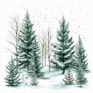May include: A watercolour illustration depicting a winter forest with snow-covered evergreen trees. Bare trees and falling snowflakes create a wintry atmosphere. The artwork has a soft, artistic style, suitable for festive designs.
