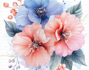 May include: Watercolor illustration of three large flowers in shades of pink and blue, with green leaves and berries. The flowers have detailed petals and are arranged in a close-up composition, perfect for floral art or design projects.