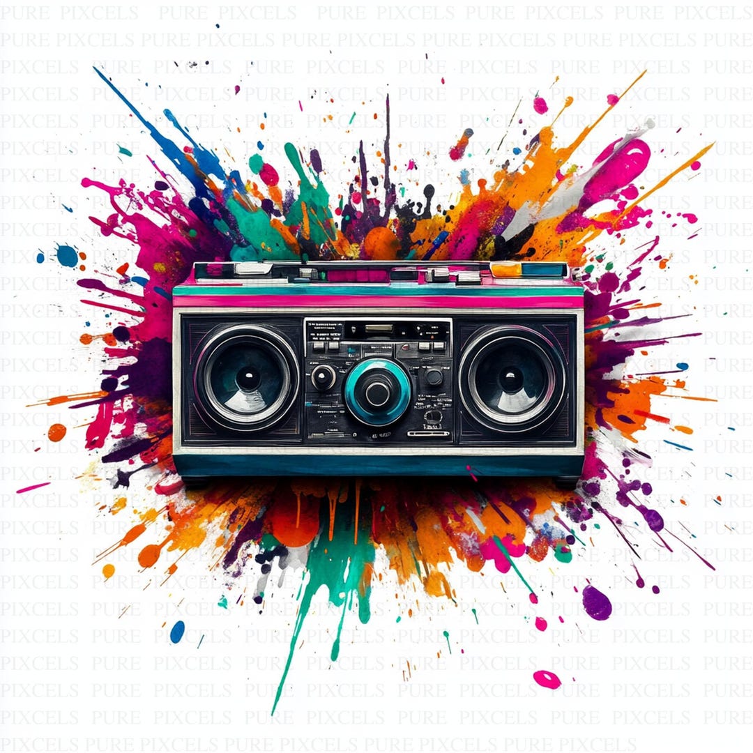 Watercolor Paint Splatter Retro Boombox Clipart | 5 High Quality Jpgs ...