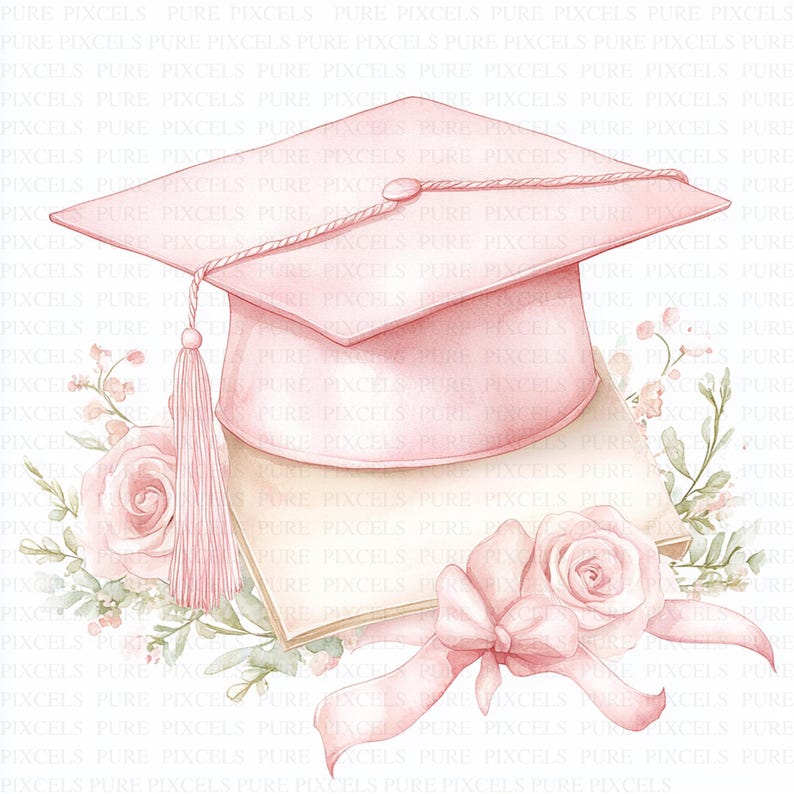 Watercolor Pink Graduation Cap Clipart | 10 High Quality Jpg's ...