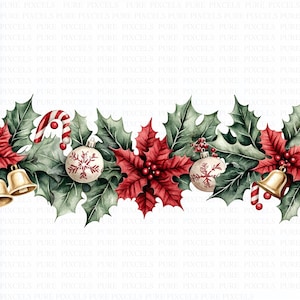 Puede incluir: Borde navideño en acuarela con hojas de acebo, flores de pascua rojas y adornos. Campanas doradas y bastones de caramelo añaden toques festivos. Ideal para manualidades y decoraciones navideñas.