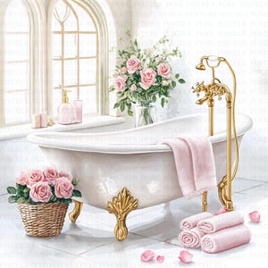 May include: A watercolour illustration of a bathroom featuring a white claw-foot bathtub with gold taps and a bouquet of pink roses. A pink towel is draped over the tub, with rolled towels and rose petals. A window and a basket of roses are also present.