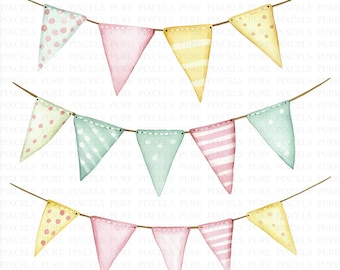 Watercolor Party Bunting Clipart | 5 High Quality JPGs | Digital Download | Coloured Garland | Printable Watercolor Clipart | Paper Crafts