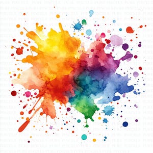 Può includere: Un'esplosione di acquerello vibrante in uno spettro di colori, tra cui giallo, arancione, rosso, verde, blu e viola. L'opera presenta un'esplosione centrale con schizzi radianti e piccole goccioline.