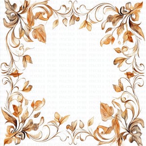 May include: Watercolor illustration of a decorative border with a square design. The border features brown and gold leaves and swirling vines on a white background. The image has a vintage, botanical theme.