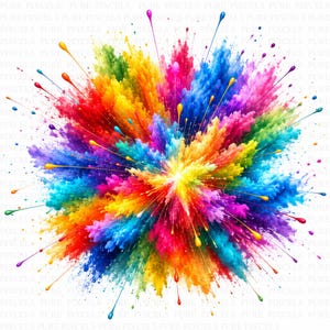 Peut inclure: Une explosion vibrante et multicolore de poudre et de gouttelettes de peinture rayonnant depuis un point central. La composition présente un spectre de teintes rouge, orange, jaune, verte, bleue et violette, créant un effet dynamique.