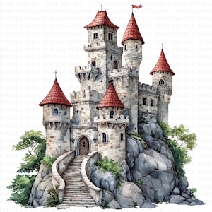 May include: Watercolor illustration of a medieval castle with red-roofed turrets and towers. The castle is built on a rocky hill with a stone staircase leading to the entrance. Green foliage surrounds the castle, creating a whimsical, fairytale aesthetic.