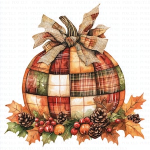 Könnte beinhalten: Aquarellillustration eines Patchwork-Kürbisses mit einer großen karierten Schleife. Der Kürbis ist von Herbstlaub umgeben, darunter Blätter, Tannenzapfen und Beeren. Die Farbpalette umfasst Farbtöne von Orange, Rot, Grün und Braun.