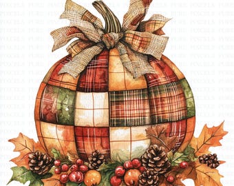 Puede incluir: Ilustración en acuarela de una calabaza de retazos con un gran lazo a cuadros. La calabaza está rodeada de follaje otoñal, incluyendo hojas, piñas y bayas. La paleta de colores incluye tonos de naranja, rojo, verde y marrón.