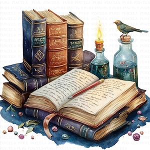 May include: Watercolor illustration of a stack of antique books, open book with handwritten text, and a red pencil. A lit candle, glass bottles, and a small bird perched on a bottle stopper add to the vintage aesthetic. The color palette includes blues, browns, and gold.