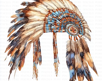 Può includere: Illustrazione ad acquerello di un copricapo nativo americano. Il copricapo presenta una fascia centrale con perline blu, arancioni e marroni, ornata da piume nei toni del marrone, bianco e blu. Fili di perline decorativi pendono.