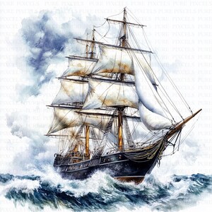 Könnte beinhalten: Aquarellmalerei eines Großseglers, der durch ein stürmisches Meer segelt. Das Schiff hat mehrere Masten mit wehenden weißen Segeln. Der Rumpf ist dunkel, und die Wellen sind eine Mischung aus Blau und Weiß. Der Himmel ist bedeckt mit dunklen Wolken.