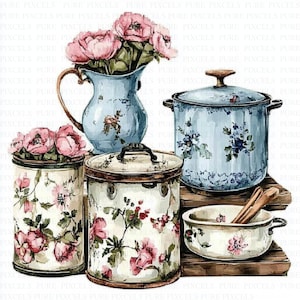 May include: A collection of vintage-style kitchenware, including a blue pitcher with pink flowers, a blue pot, two canisters, and a small bowl. The items are decorated with floral patterns in pink and blue, creating a charming, rustic aesthetic.