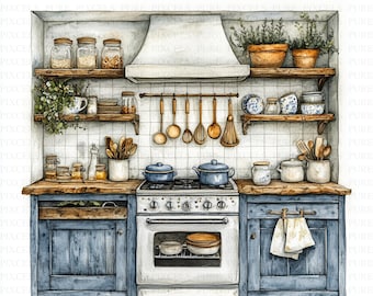 May include: A watercolour illustration of a kitchen with blue cabinets, a white stove, and wooden shelves. The shelves are filled with jars, pots, and utensils. The kitchen has a rustic, farmhouse style.
