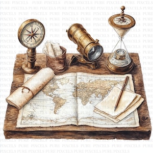 Puede incluir: Ilustración de un escritorio de madera con un mapa del mundo, brújula, telescopio, reloj de arena, tintero, pergamino enrollado y pluma. Los objetos son en tonos marrones y dorados, evocando la exploración y la historia.