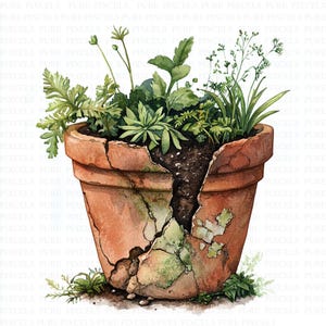 May include: A watercolour illustration depicts a broken terracotta plant pot overflowing with greenery and soil. The pot is cracked, showing the inside. The image has a natural, earthy feel, ideal for home decor or gardening projects.