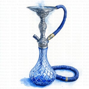 May include: A watercolor illustration of a hookah with a blue glass base and a silver metal top. The hookah has a blue hose and is emitting a wisp of smoke. The base has a diamond pattern.
