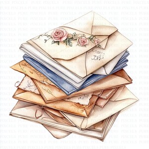 May include: A stack of vintage-style envelopes in various shades of beige, blue, and brown. The top envelope features a floral design with pink roses. Some envelopes have handwritten script. The envelopes are stacked together.