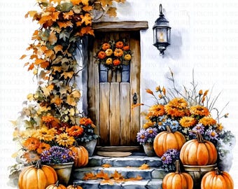 Watercolor Fall Pumpkin Cottage Clipart | 5 High Quality JPGs | ClipArt | Autumn House Illustration with Leaves | Thanksgiving Sublimation