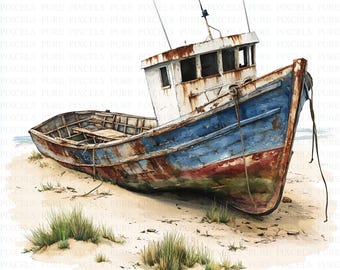 Watercolor Shipwreck on Shore Clipart | 5 JPG's | Digital Download | Nautical Art | Ocean Shipwreck Illustration | Paper Craft | Wall Art