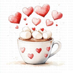 Puede incluir: Ilustración en acuarela de una taza blanca llena de chocolate caliente y malvaviscos, adornada con corazones rojos. Corazones rojos flotantes rodean la taza, creando un tema acogedor y romántico. Perfecto para San Valentín o un diseño de bebida caliente.