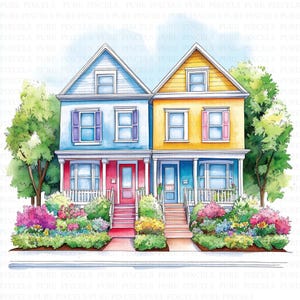 May include: A watercolour illustration of two terraced houses. One is blue with purple shutters, the other is yellow with pink shutters. Both have red doors, white porches, and gardens with colourful flowers.