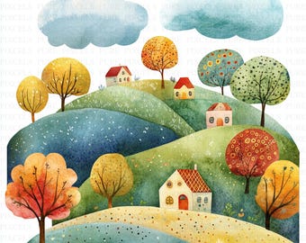 Watercolor Whimsical Landscape Clipart | 5 High Quality JPGs | Digital Download | Printable Art | Wall Art | Junk Journal | Mixed Media
