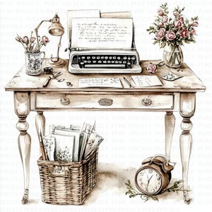 May include: Watercolor illustration of a vintage writing desk. The desk features a typewriter, lamp, and a vase of roses. A wicker basket and a clock are also present. The desk is made of wood and has a drawer. The overall aesthetic is antique and romantic.