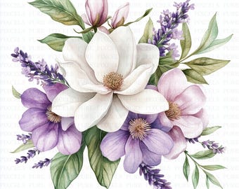 Watercolor Purple Flowers Bouquet Clipart | 5 JPEG's | Digital Download | Violet Floral Art | Printable Botanical Design | Paper Craft