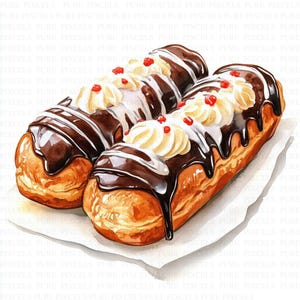May include: A watercolour illustration of three eclairs. Each eclair features a golden-brown pastry base, topped with dark chocolate ganache, white icing stripes, whipped cream, and red sprinkles. The eclairs are presented on a white surface.