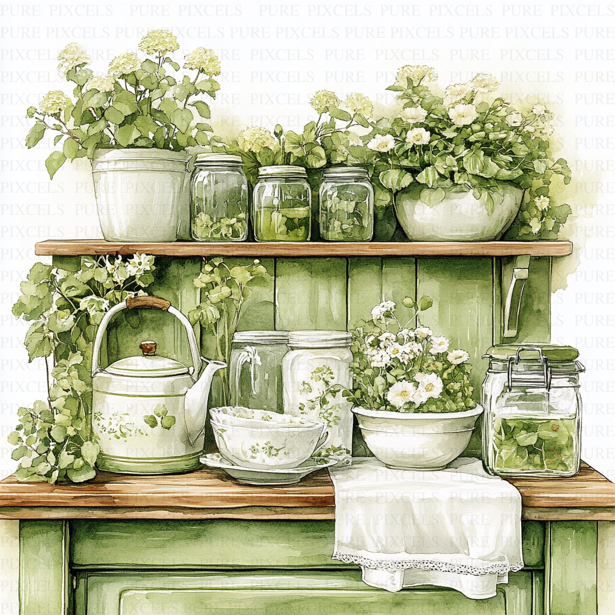 Watercolor Shabby Chic Rustic Green Kitchen Clipart | 10 High Quality ...