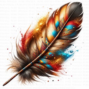 Peut inclure: Une grande illustration détaillée d'une plume aux couleurs vives, mêlant or, rouge et turquoise. Le calame est orné de motifs géométriques complexes, tandis que les barbes présentent un mélange de textures douces et d'éclats lumineux.