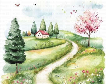 Aquarell Frühling Landschaft Clipart | 5 hochwertige JPGs | Digitaler Download | Scrapbook-Bilder | Druckbare Kunst | Digital Art Arbeit