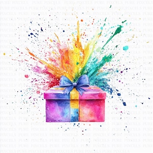 以下が含まれることがあります： 青いリボンが付いたギフトボックスの水彩イラスト。ボックスはピンクと青のセクションに分かれており、黄色のストライプが付いています。カラフルなペイントスプラッシュが上部から噴出し、鮮やかで華やかなデザインを作り出しています。