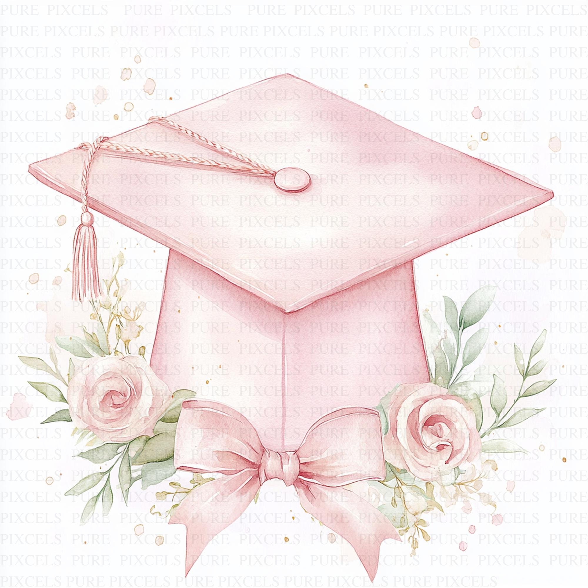 Watercolor Pink Graduation Cap Clipart | 10 High Quality Jpg's ...