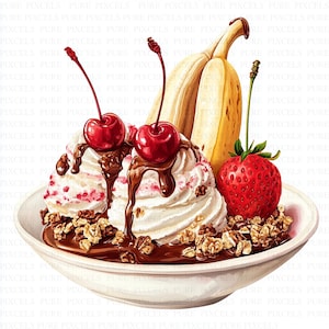 Può includere: Illustrazione di un banana split. La coppa comprende gelato alla vaniglia, salsa al cioccolato, ciliegie, una fragola e granola in una ciotola bianca. Una banana è posta dietro il gelato.