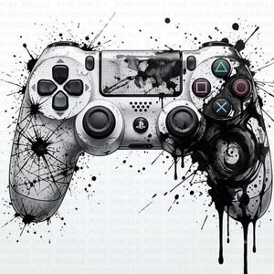 Może przedstawiać: Biały kontroler do gier wideo z czarnym wzorem zachlapania tuszem. Kontroler zawiera pad kierunkowy, dwa analogowe drążki, centralne logo PlayStation oraz przyciski akcji z symbolami trójkąta, koła, kwadratu i krzyżyka.