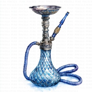 May include: A detailed watercolor illustration of a hookah. The glass base is a diamond pattern in shades of blue. The metal components are silver with ornate detailing. A blue hose and bowl complete the design. The hookah is a traditional water pipe used for smoking flavored tobacco.