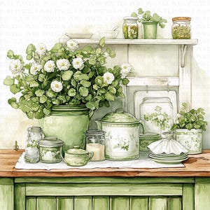 May include: Watercolor illustration of a kitchen scene with a green and white color scheme. A large green pot holds a lush arrangement of white flowers. Various jars, pots, and plates are arranged on a wooden countertop and shelf.
