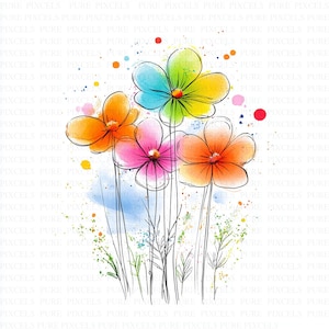 May include: Watercolor illustration of five colorful flowers with black outlines. The flowers are in shades of orange, pink, blue, and yellow, with green stems and a blue watercolor wash in the background.