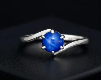 Bague Fiançailles Saphir étoile Bleu Argent 925 – Ovale Naturelle – Fait Main Inde