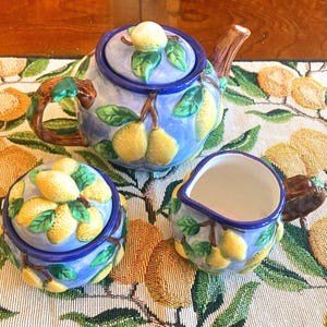 Vintage J. Carlton Lemon Barbotine Tea Set: Rare French Faïence, 1960s-70s