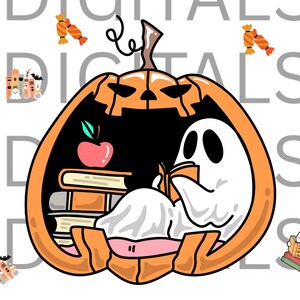 May include: A Halloween-themed illustration featuring a carved orange pumpkin with a ghost reading a book inside. An apple and a stack of books are also inside the pumpkin. The image includes the text "THAT DIGITAL SAHM" in a repeating pattern.