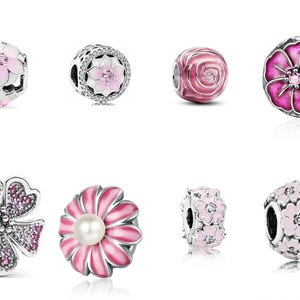 Silver Charms Sparkling Pink Flowers Series Cherry Blossom Daisy Bracelet Charm Beads fits Pandora Bracelet Charms Jewellery gift for her
