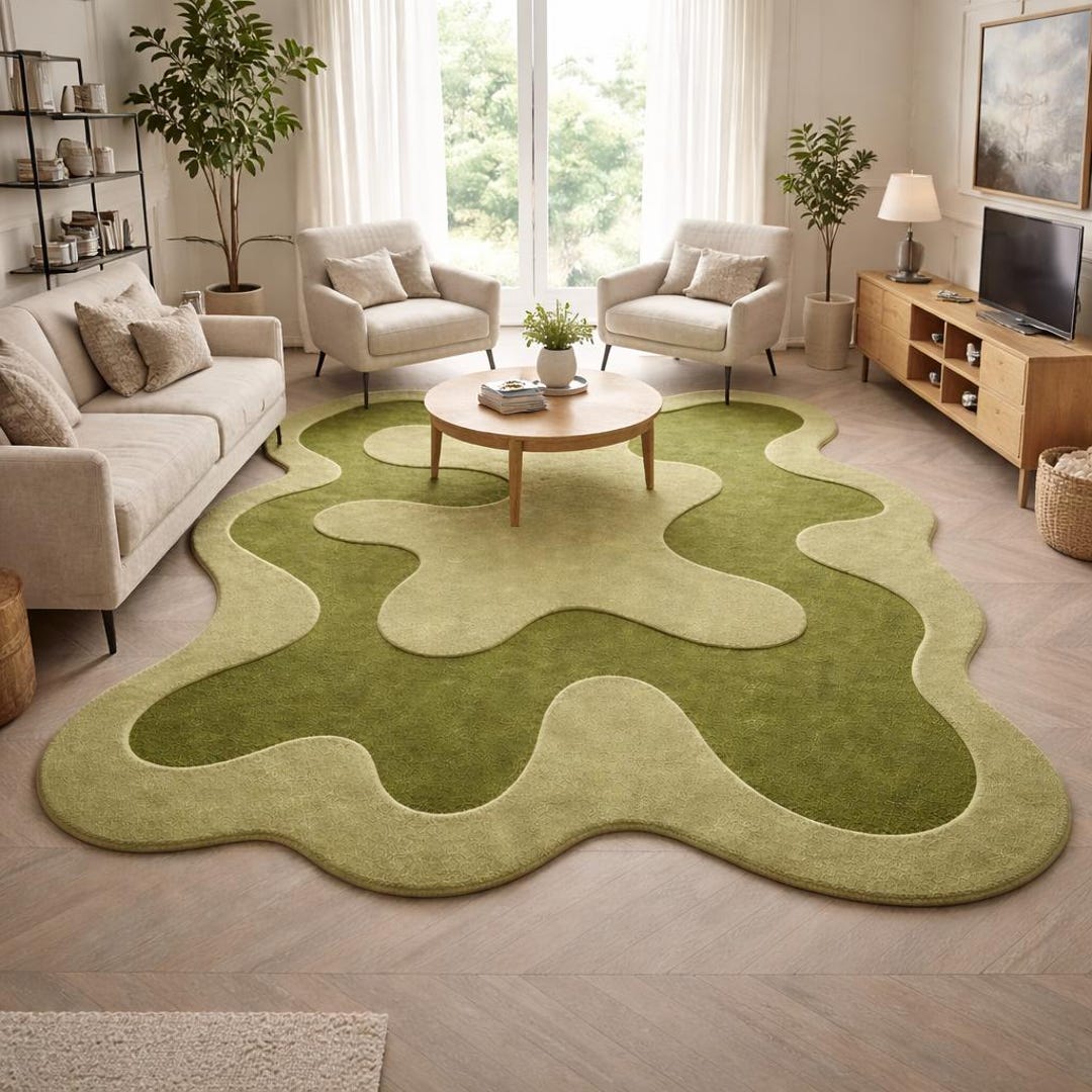 Organic Shape Hand Tufted Wool Rug, Green Abstract Area Rug, Modern ...