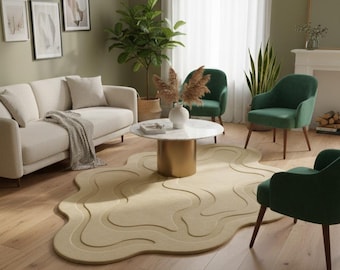 Hand Tufted Wool Rug | Beige Sculpted Irregular Carpet | Modern Organic Shape Rug | Soft Wool Living Room Decor | Neutral Minimalist Style